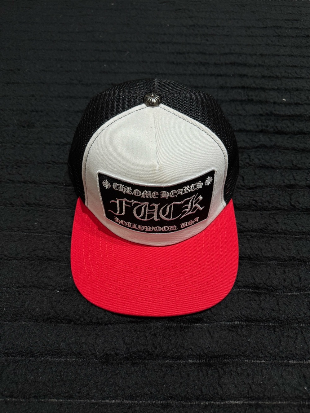Chrome Hearts Red Brim Black Mesh Trucker Hat